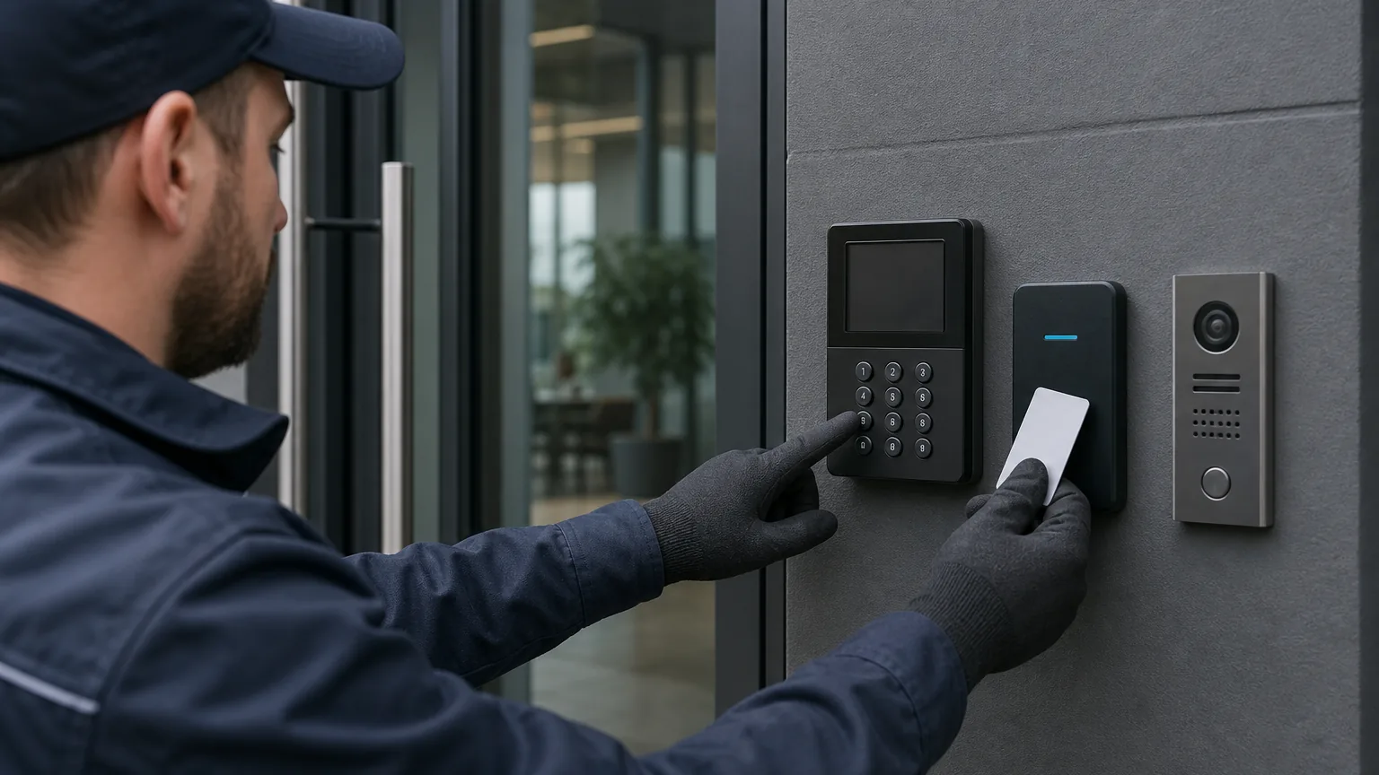 Instalator testuje klawiaturę systemu alarmowego przy wejściu do biura