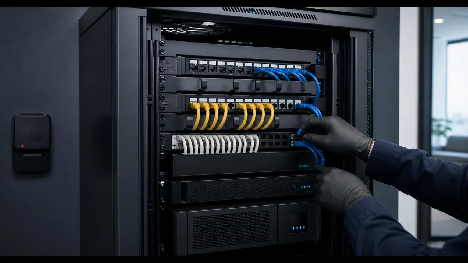 Technik sprawdza wydzieloną infrastrukturę sieciową systemu kamer IP