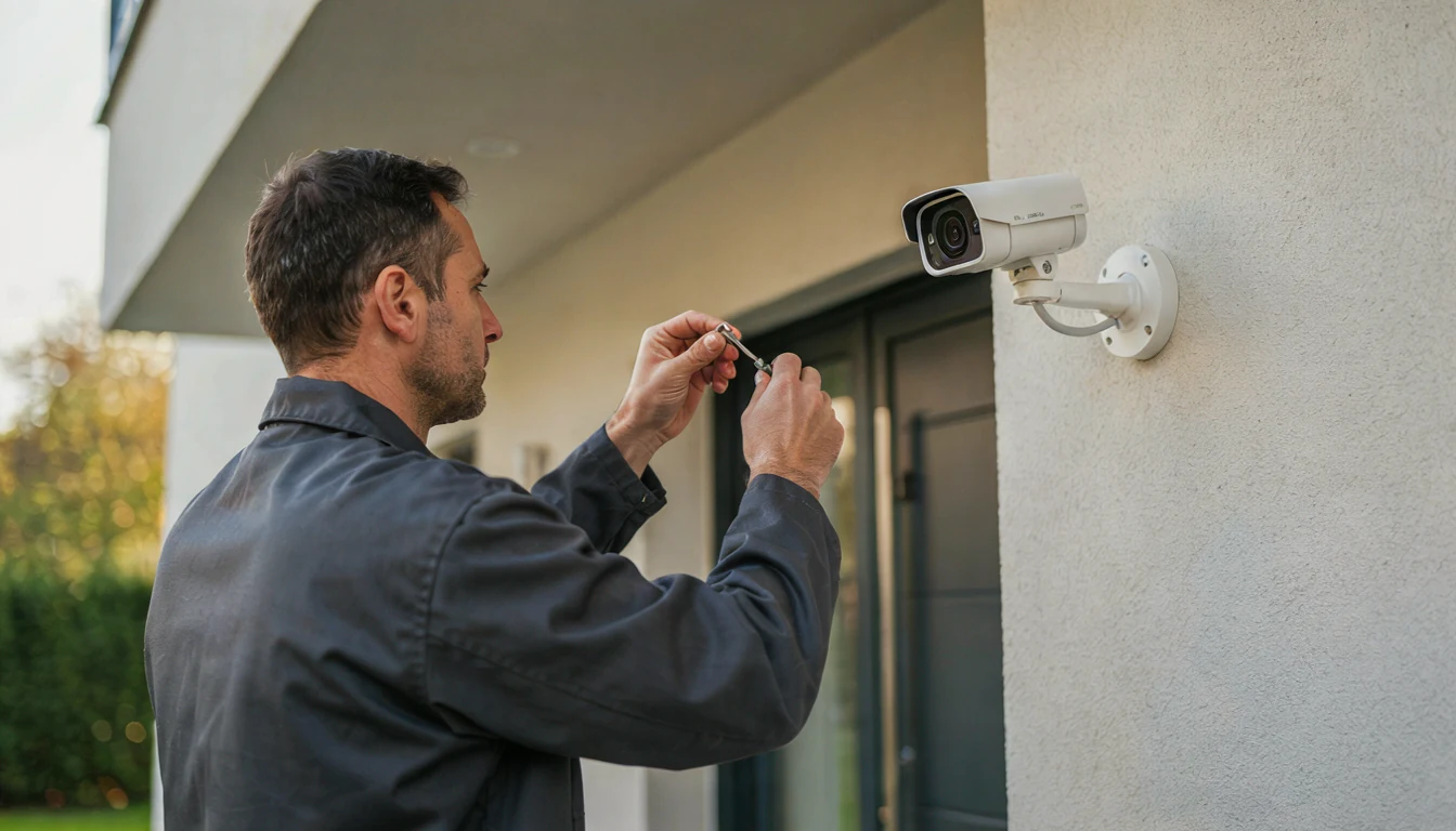 Wizualizacja instalatora przy kamerze monitoringu na elewacji budynku