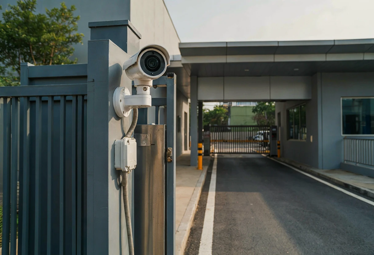 Kamera zewnętrzna przy bramie i wydzielonym pasie wjazdowym – ilustracja AI.