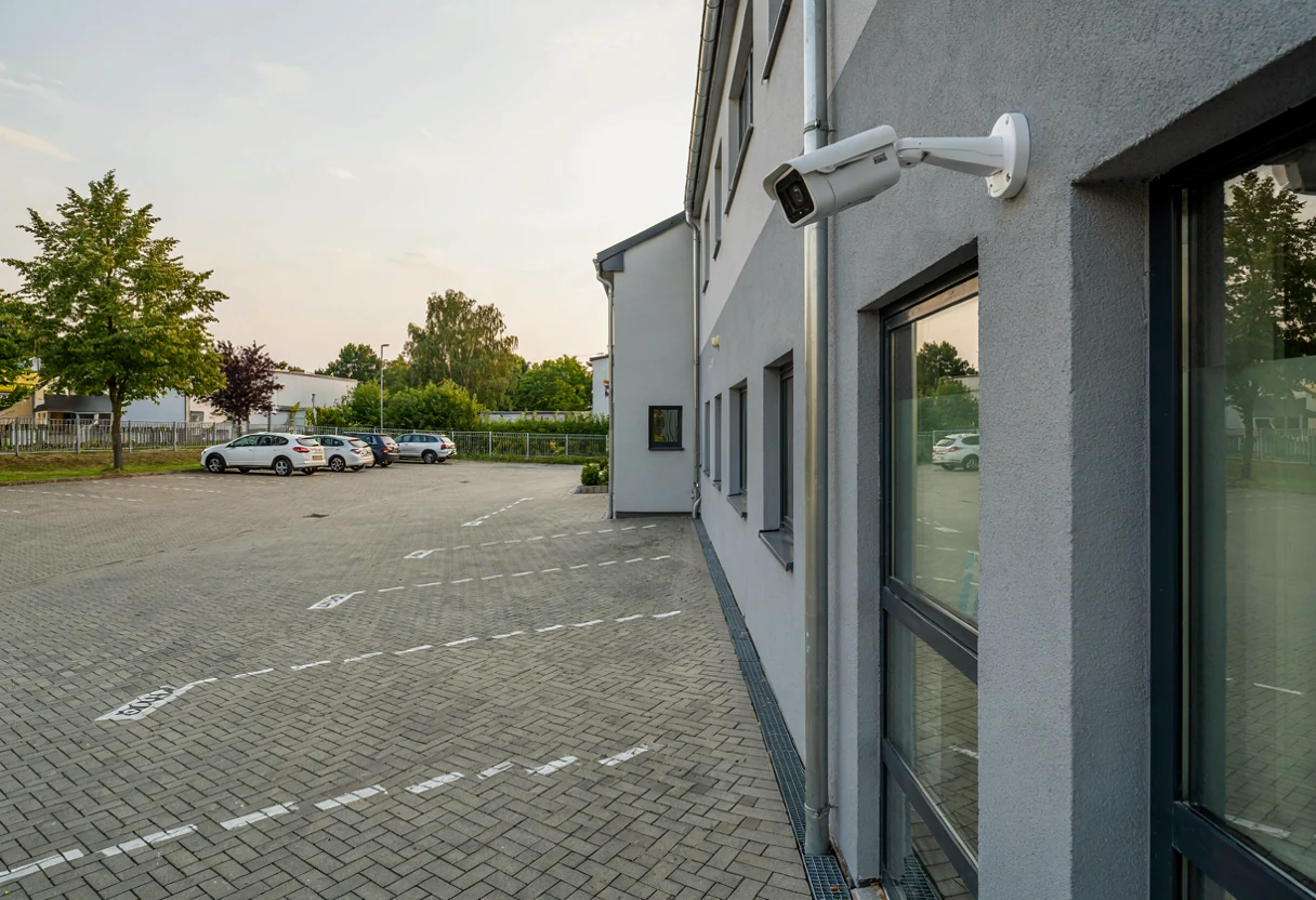 Kamera na elewacji niewielkiej firmy obserwująca parking – ilustracja AI.