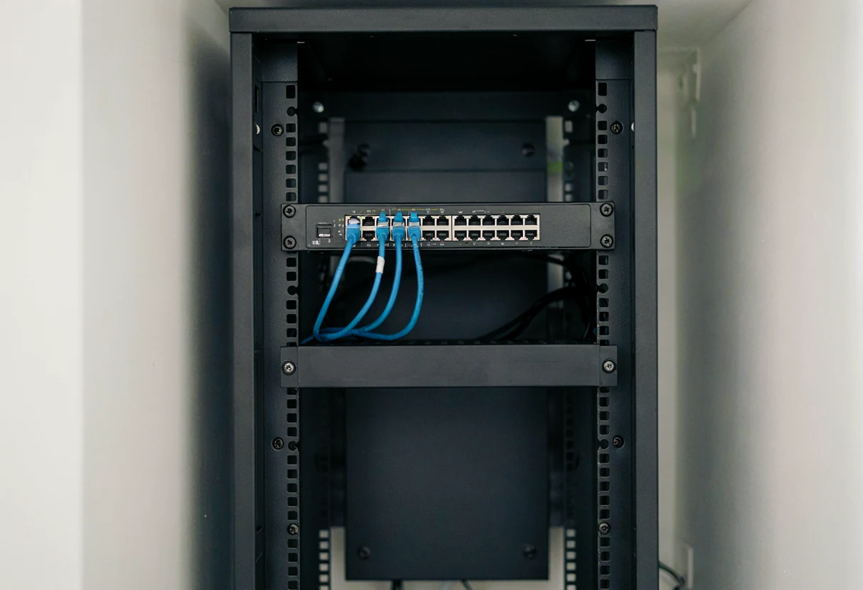 Przełącznik PoE z uporządkowanymi przewodami Ethernet – ilustracja AI.